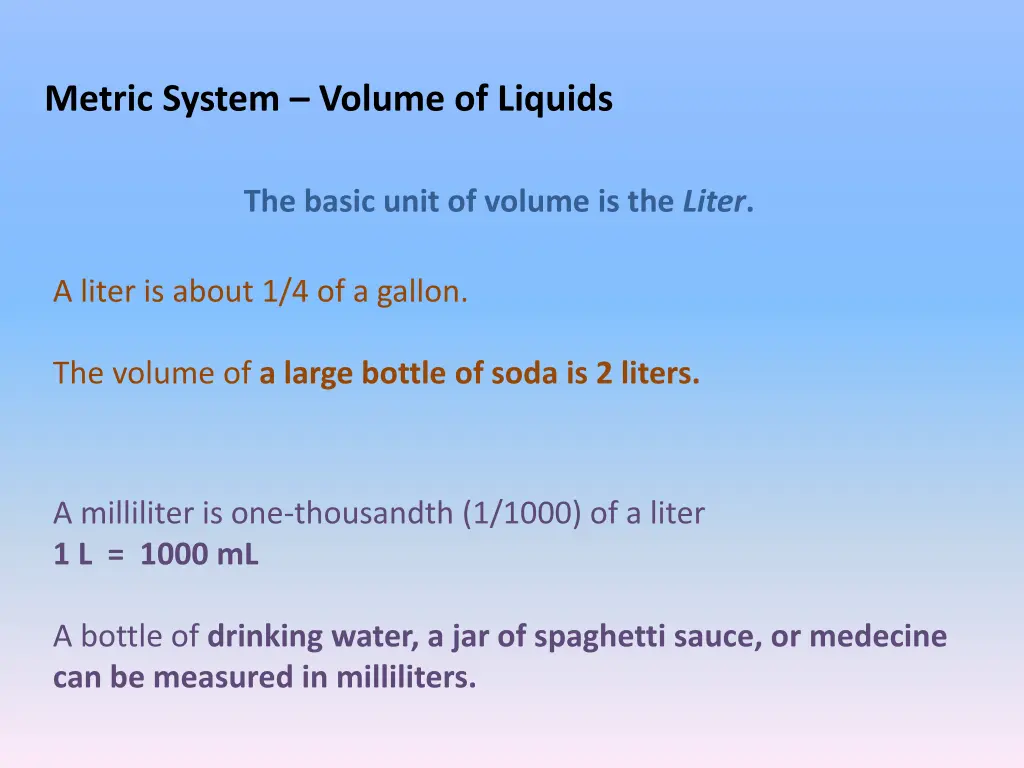 metric system volume of liquids 1