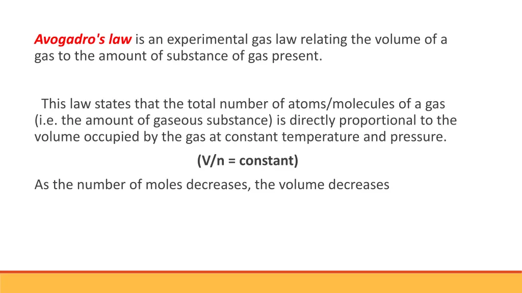 avogadro s law is an experimental