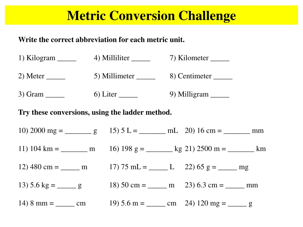 metric conversion challenge