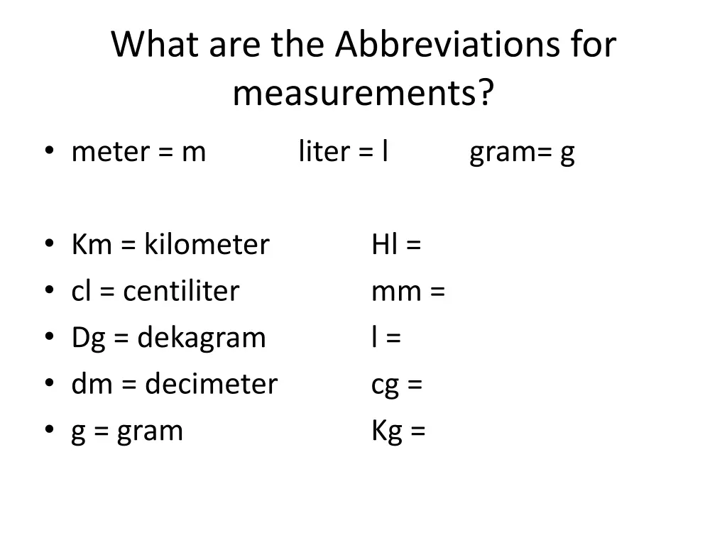 what are the abbreviations for measurements