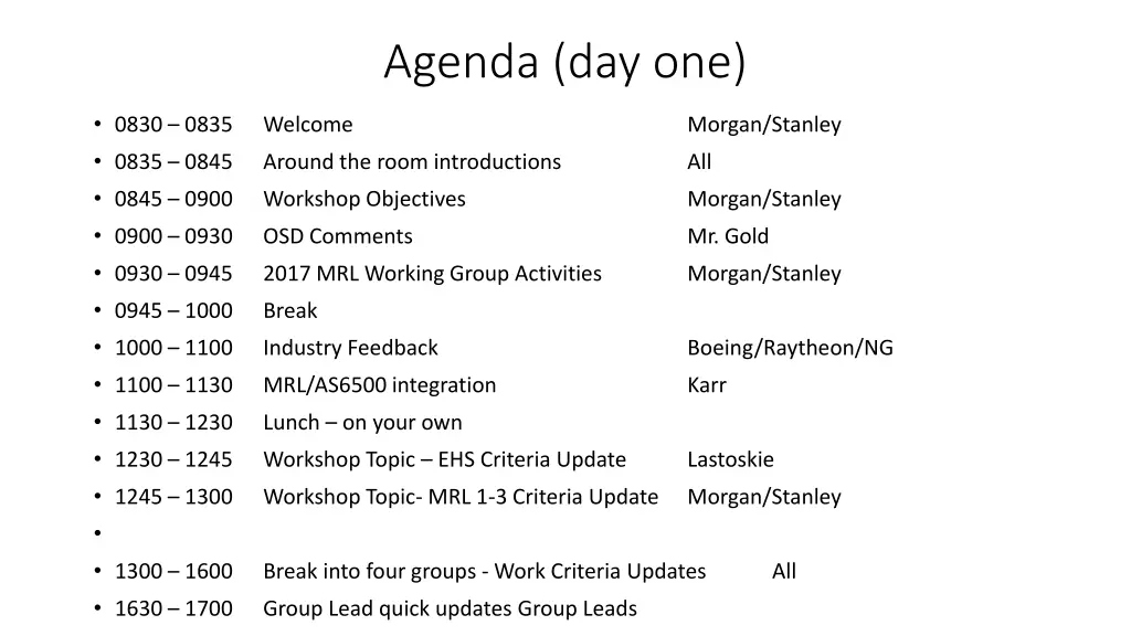 agenda day one 1