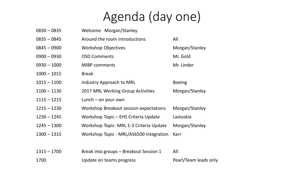 agenda day one