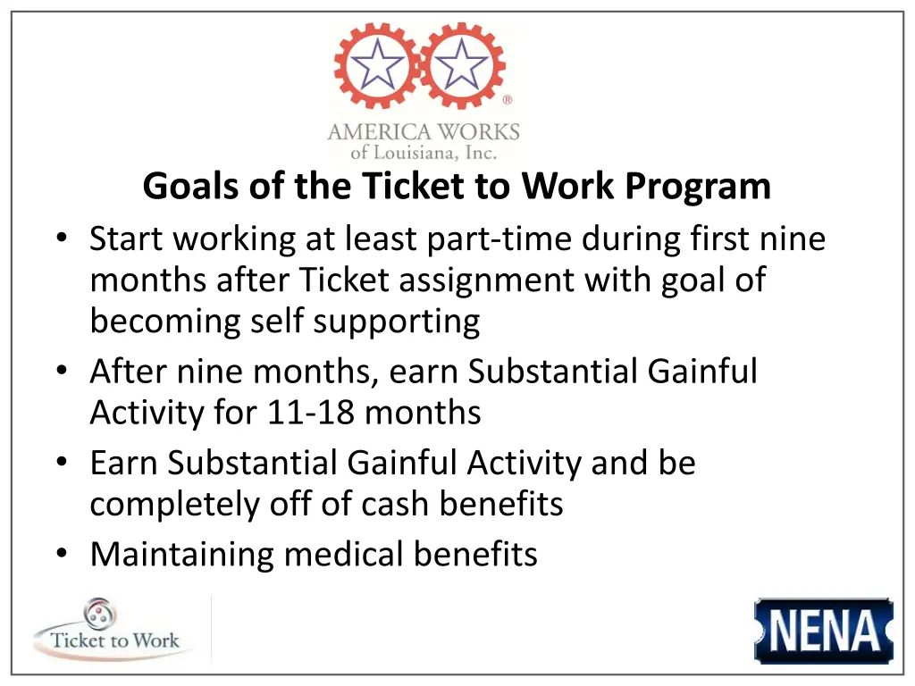 goals of the ticket to work program start working