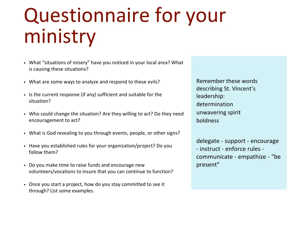 questionnaire for your ministry