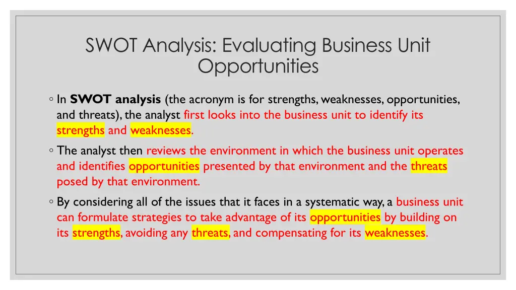 swot analysis evaluating business unit