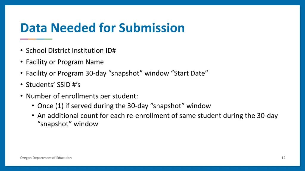 data needed for submission