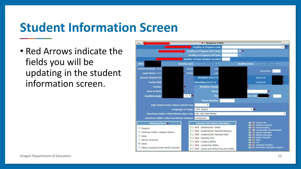 student information screen