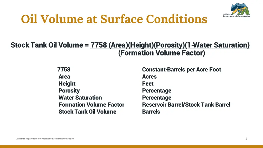 oil volume at surface conditions