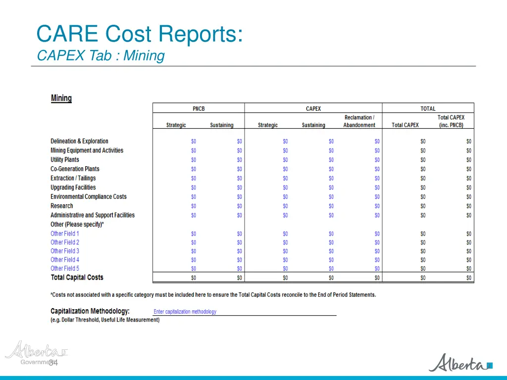 care cost reports capex tab mining