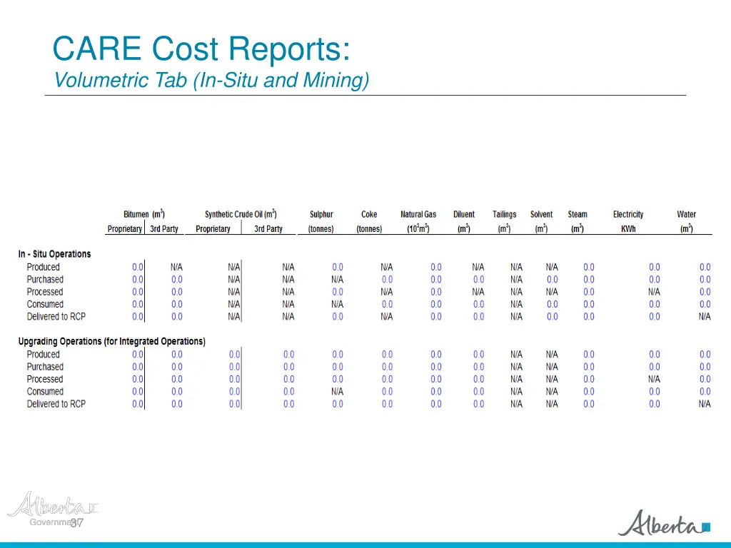 care cost reports volumetric tab in situ