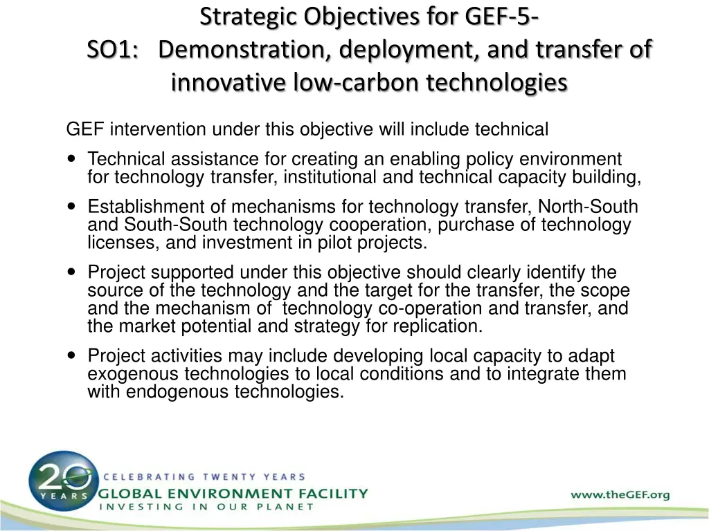 strategic objectives for gef 5 so1 demonstration