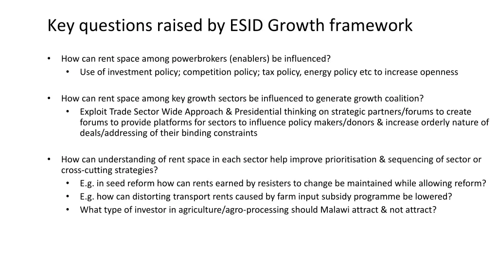 key questions raised by esid growth framework