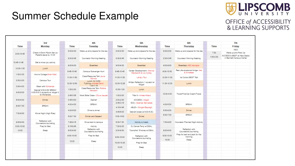 summer schedule example