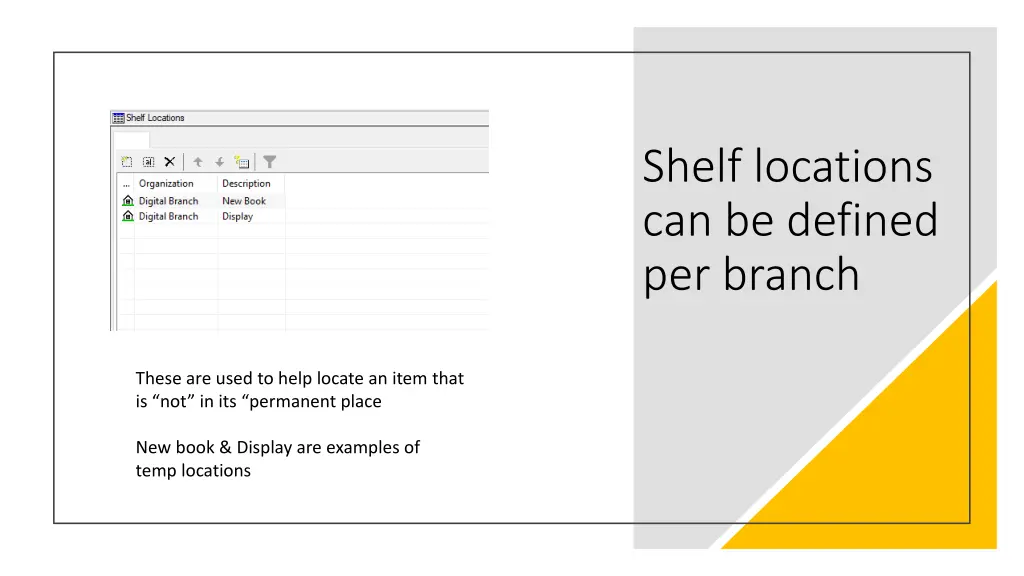 shelf locations can be defined per branch