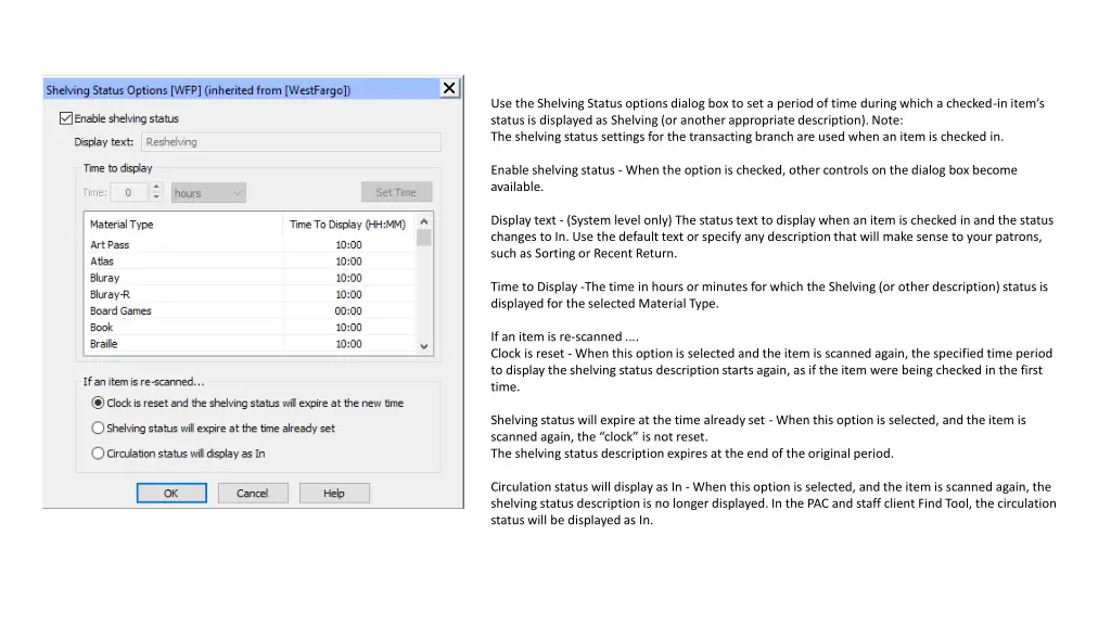 use the shelving status options dialog