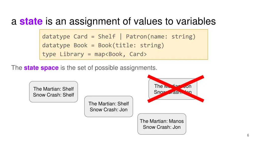 a state is an assignment of values to variables