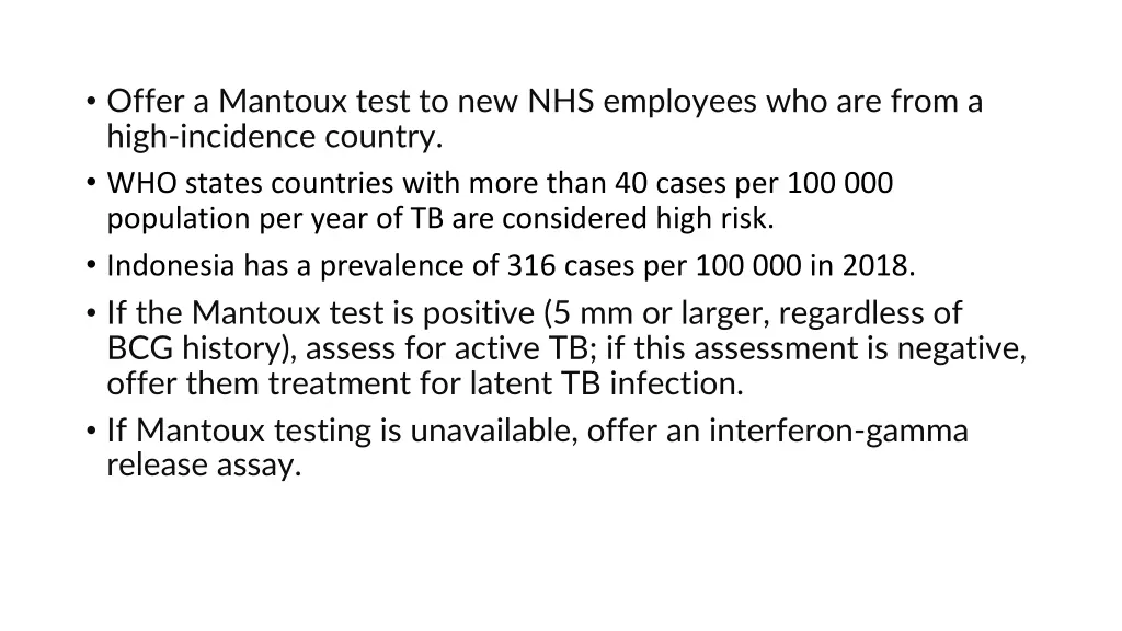 offer a mantoux test to new nhs employees