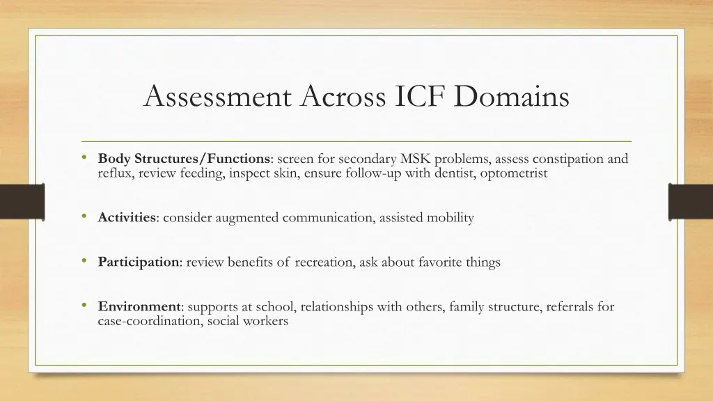 assessment across icf domains