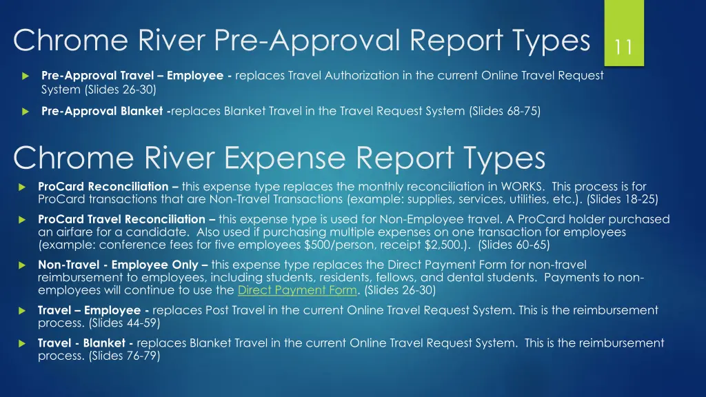 chrome river pre approval report types