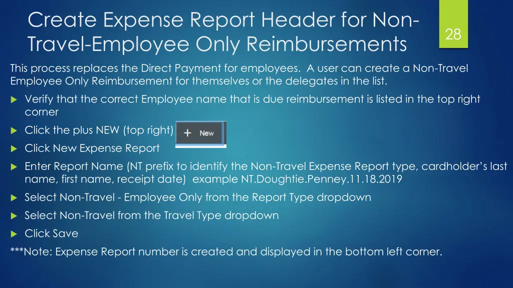 create expense report header for non travel