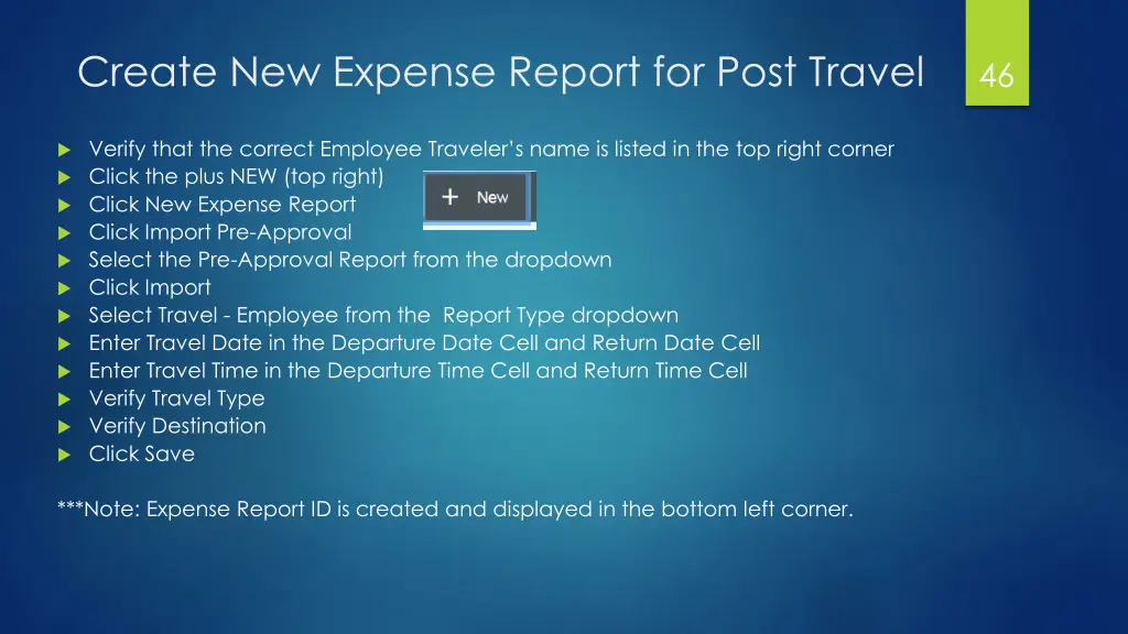 create new expense report for post travel