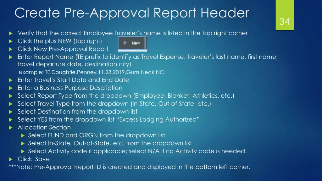 create pre approval report header