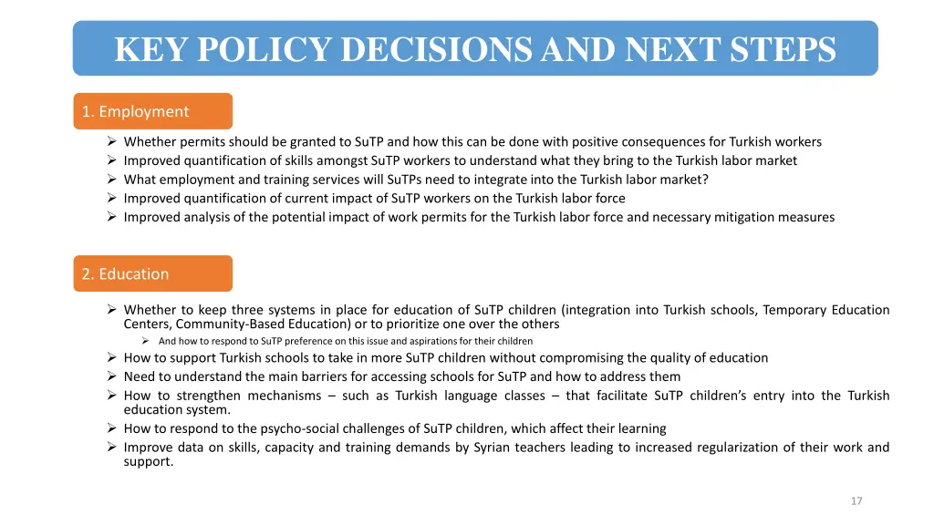 key policy decisions and next steps