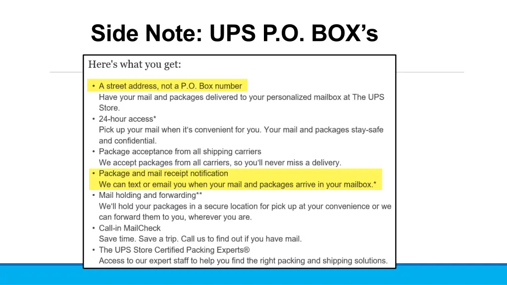 side note ups p o box s