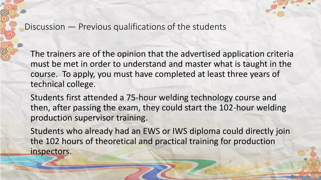 discussion previous qualifications of the students 1