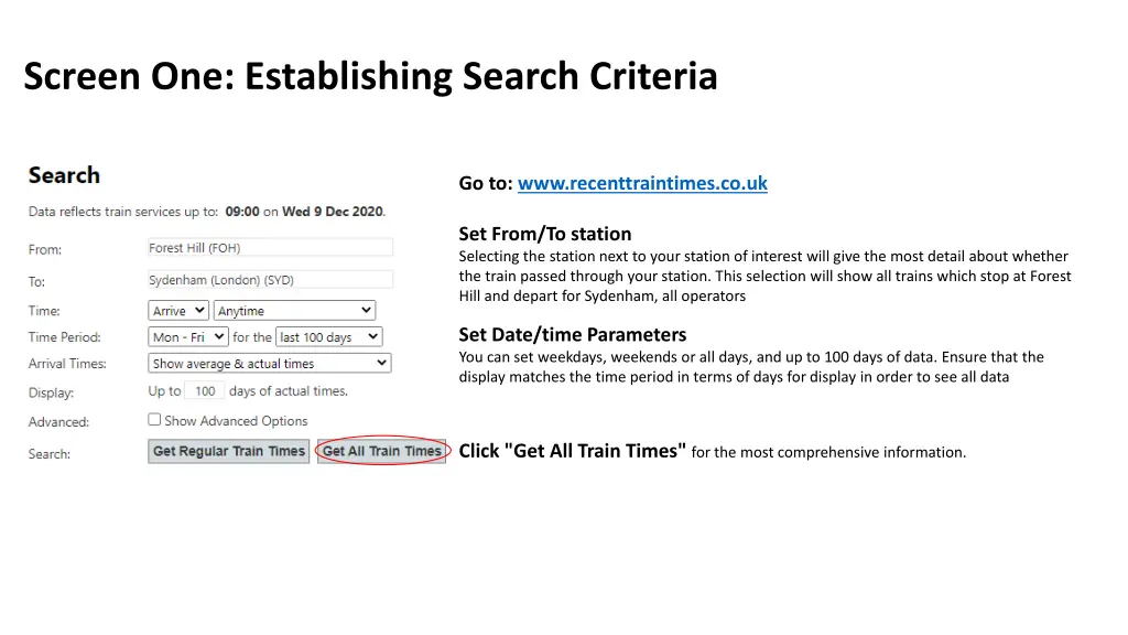 screen one establishing search criteria