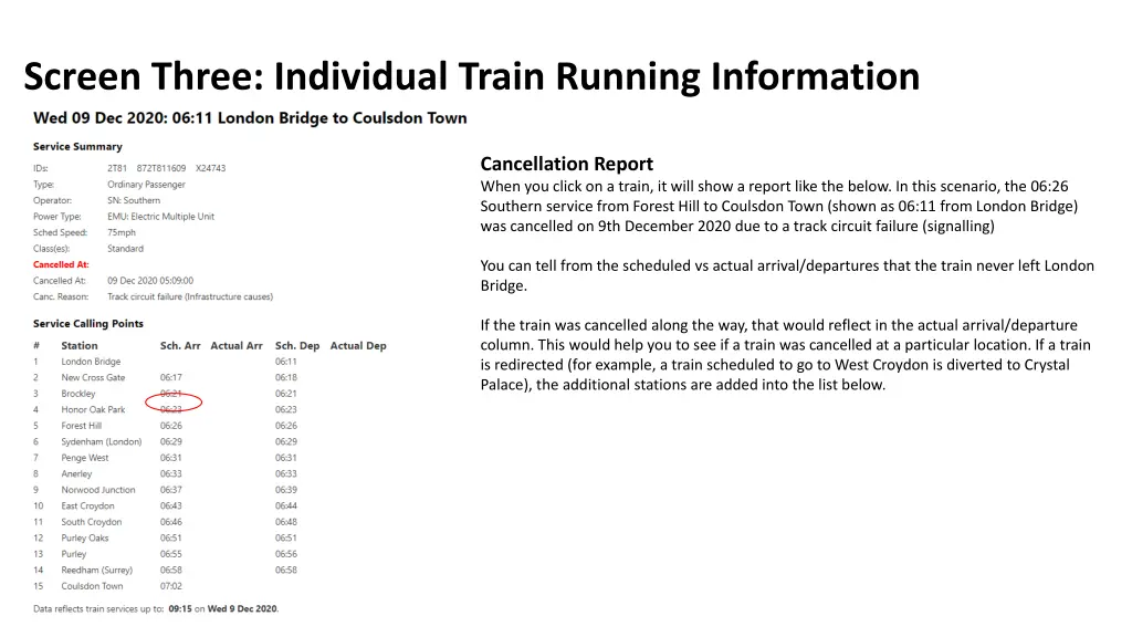 screen three individual train running information