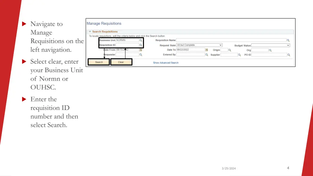 navigate to manage requisitions on the left