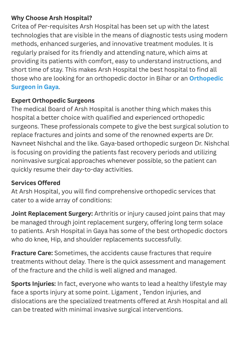 why choose arsh hospital critea of per requisites