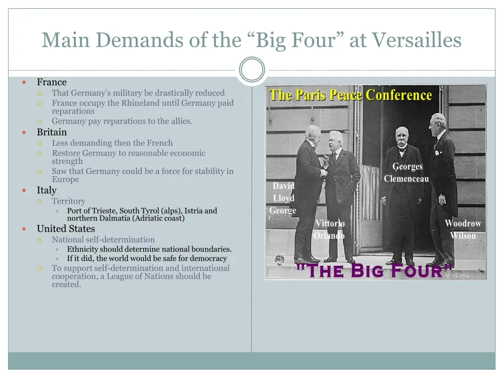 main demands of the big four at versailles