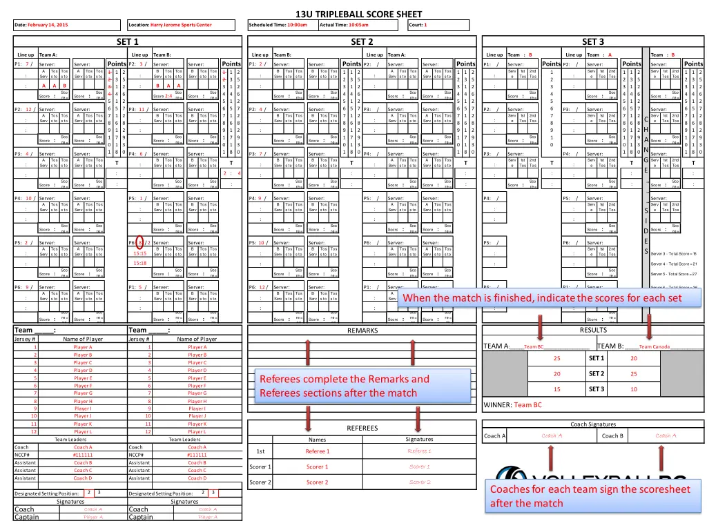 13u tripleball score sheet scheduled time 10 00am 1