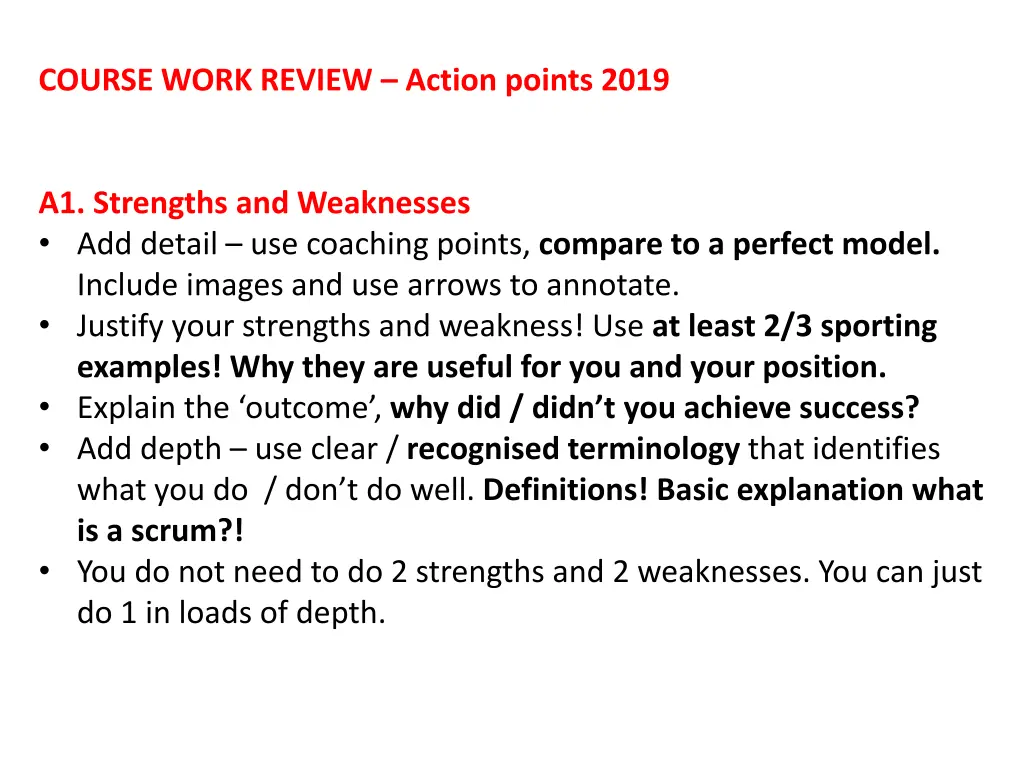 course work review action points 2019