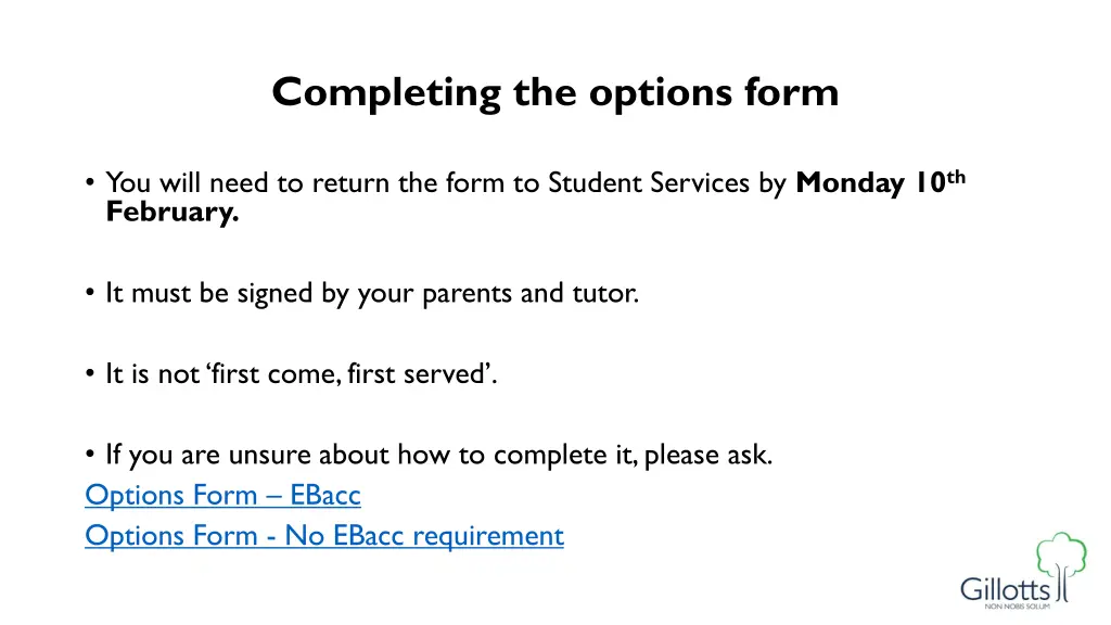 completing the options form