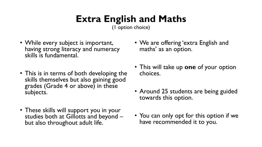 extra english and maths 1 option choice