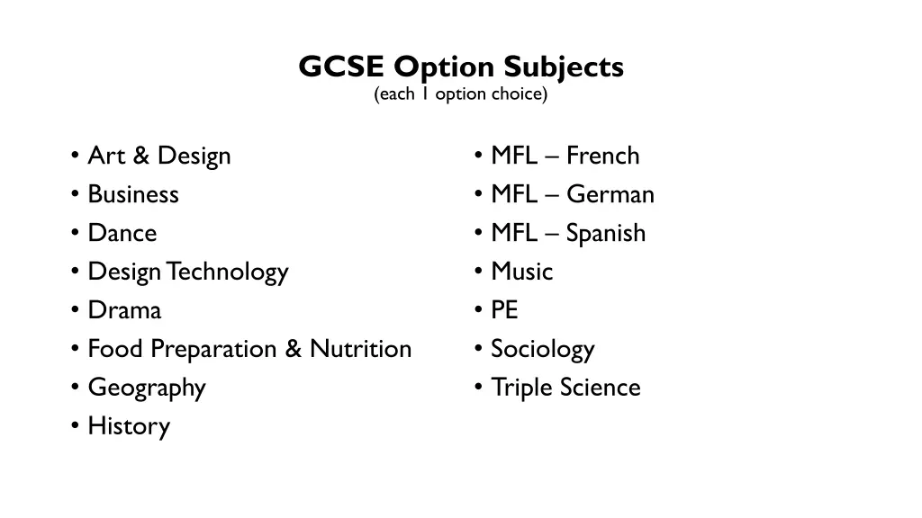 gcse option subjects each 1 option choice