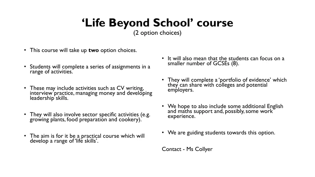 life beyond school course 2 option choices