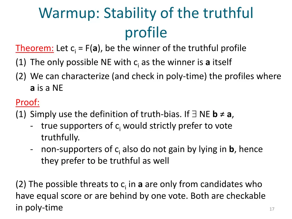 warmup stability of the truthful profile theorem