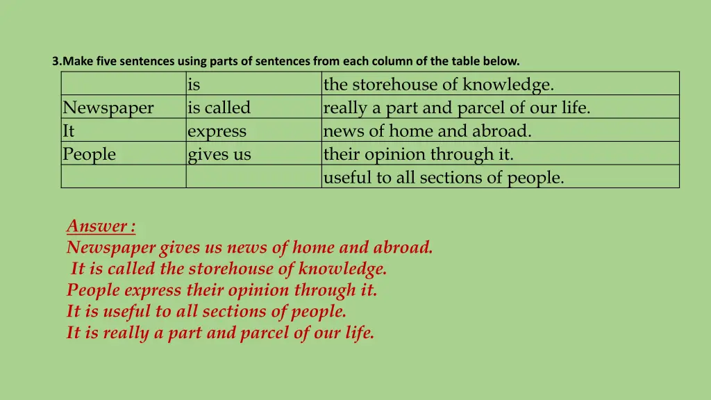 3 make five sentences using parts of sentences