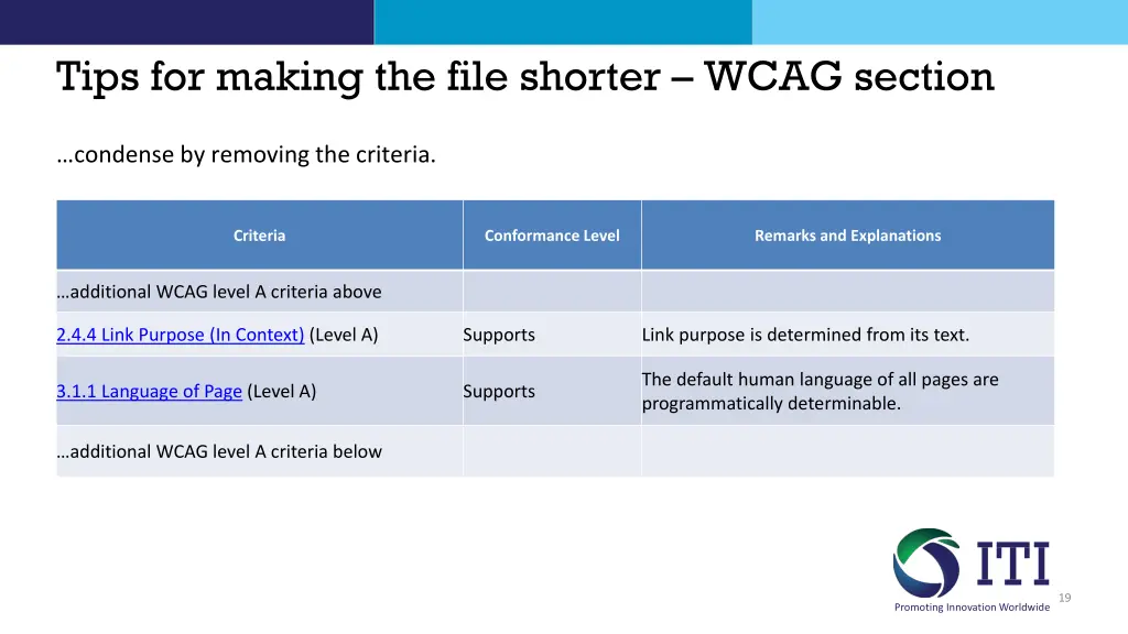 tips for making the file shorter wcag section