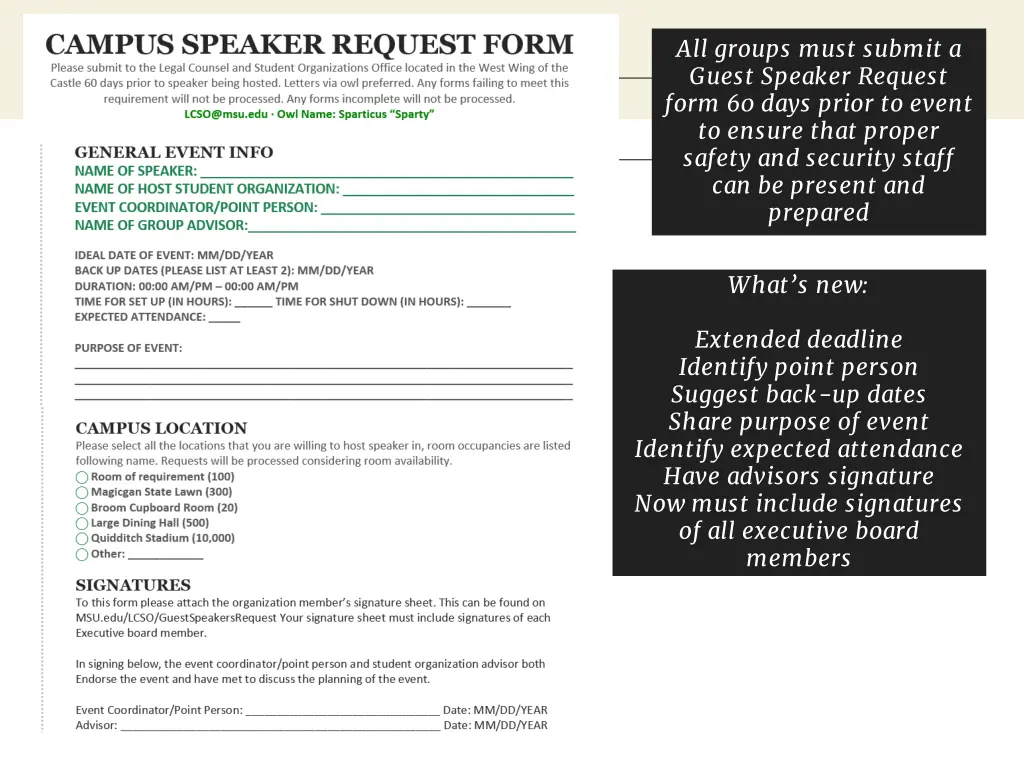 all groups must submit a guest speaker request