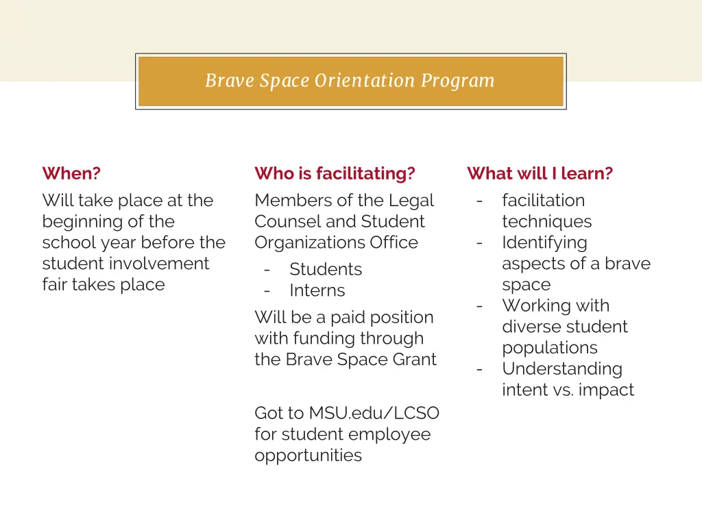 in two or three columns brave space orientation