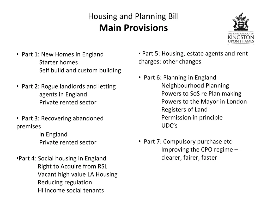 housing and planning bill main provisions