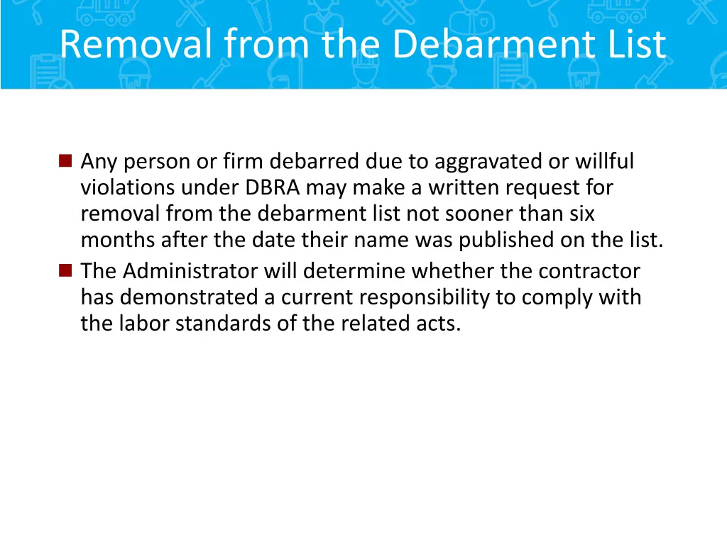 removal from the debarment list