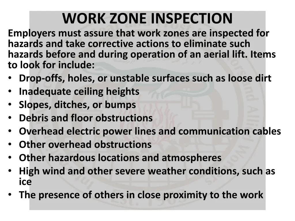 work zone inspection employers must assure that