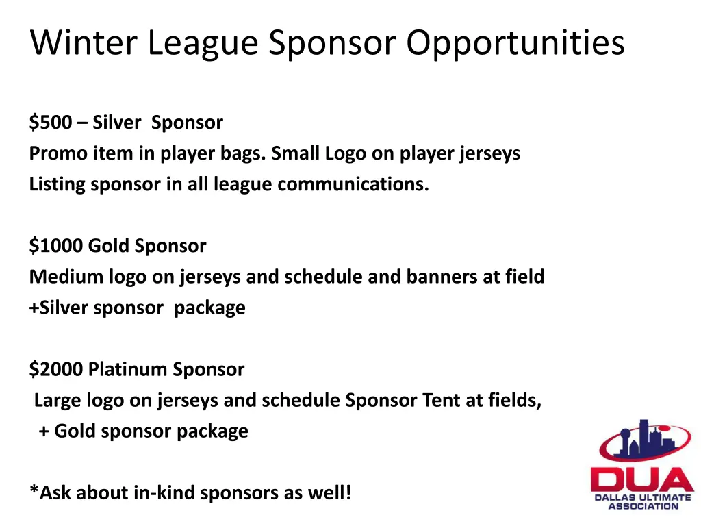 winter league sponsor opportunities