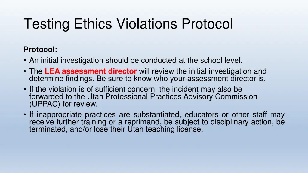 testing ethics violations protocol